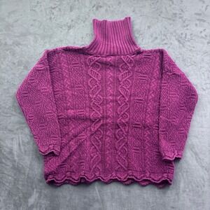 Vtg Absolutely Cotton Magenta Cable Knit Turtleneck Sweater Made in USA OS